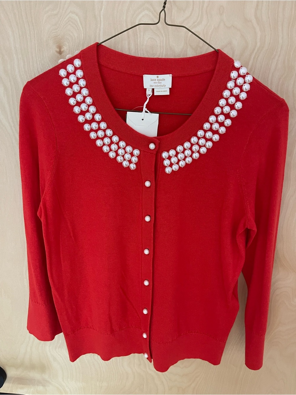 kate spade Red Pearl-Embellished Crewneck Cardigan - Picture 2 of 9